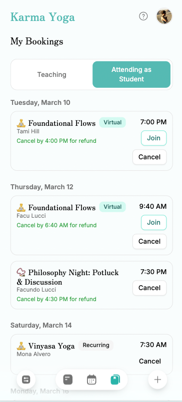 Sanga recurring bookings and cancellation policy interface