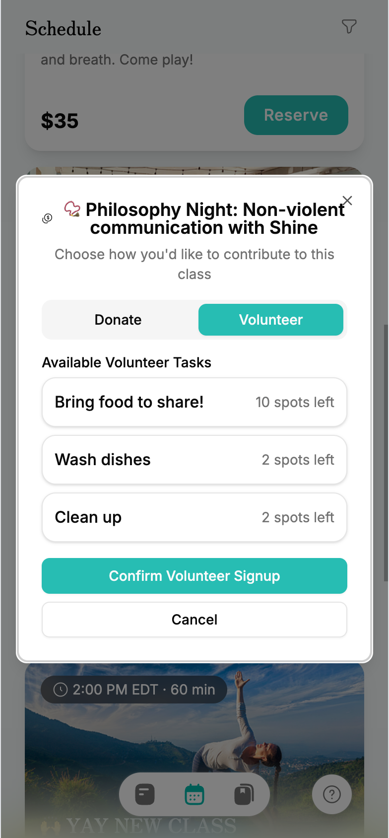 Sanga donation-based and volunteer class setup