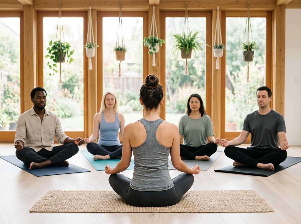 Group meditation class in a bright yoga studio